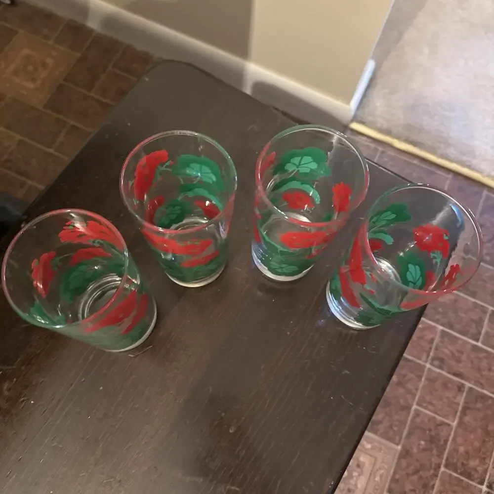 Vintage Avon 1983 Red Geranium Floral Highball Glasses Set of 4 Retro